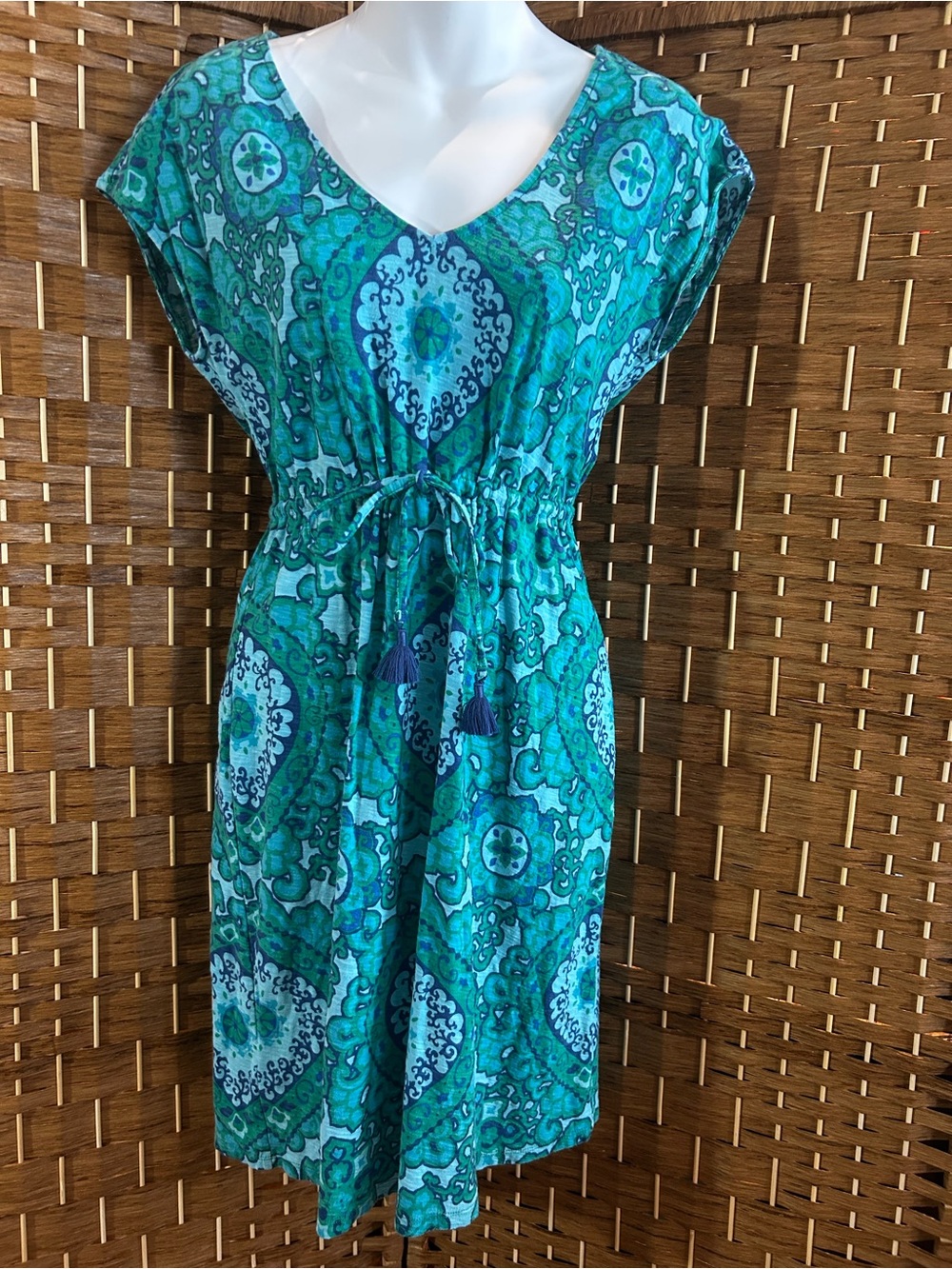Tommy Bahama Cotton V Neck Dress Blue Green Boho Resort XS